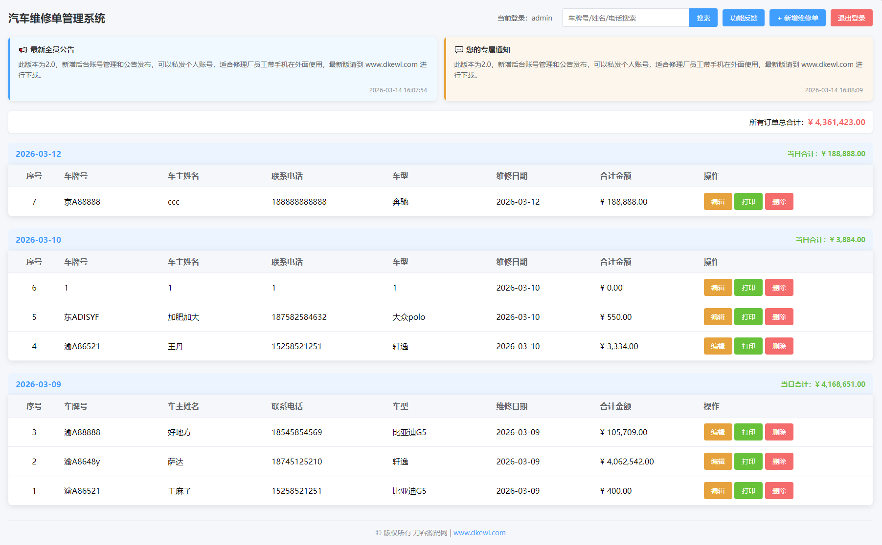 汽修单管理系统源码-彤彤源码网